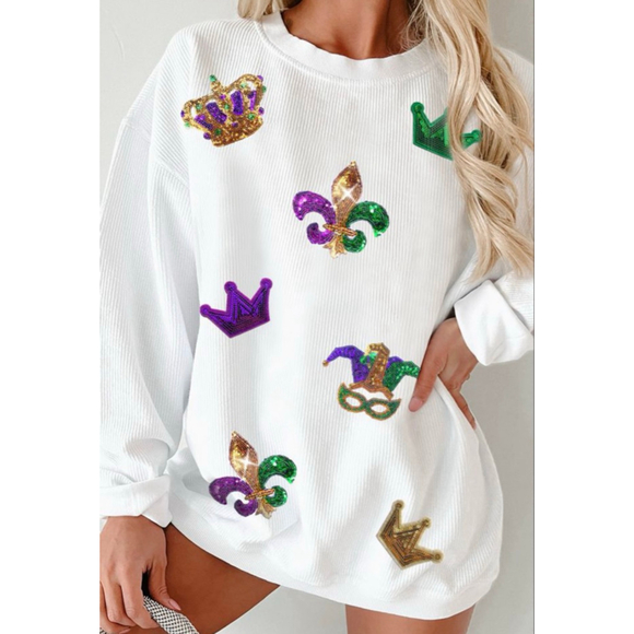 Boutique Tops - Mardi Gras Sequin Patch Oversized White Corded Sweatshirt
